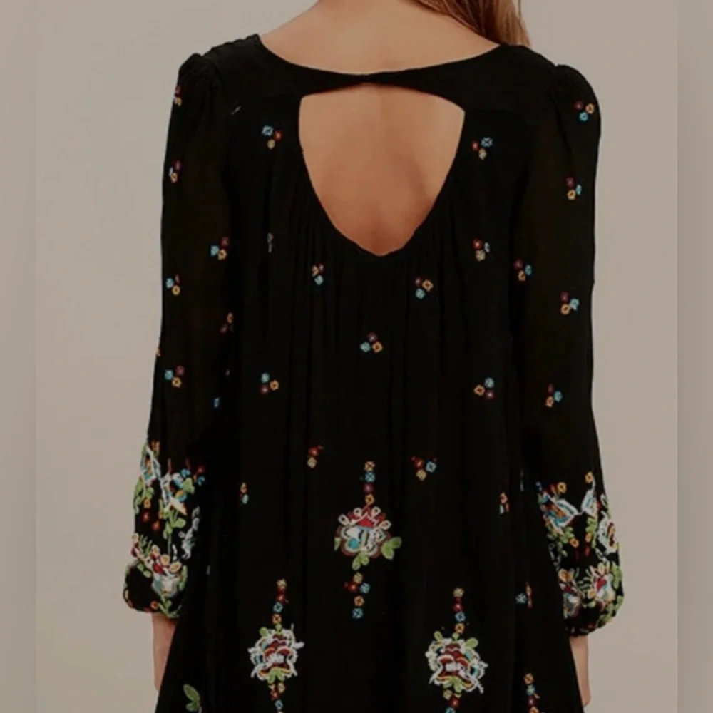 Free People Oxford Embroidered Mini Dress Black Floral Festival XS (Oversized)
